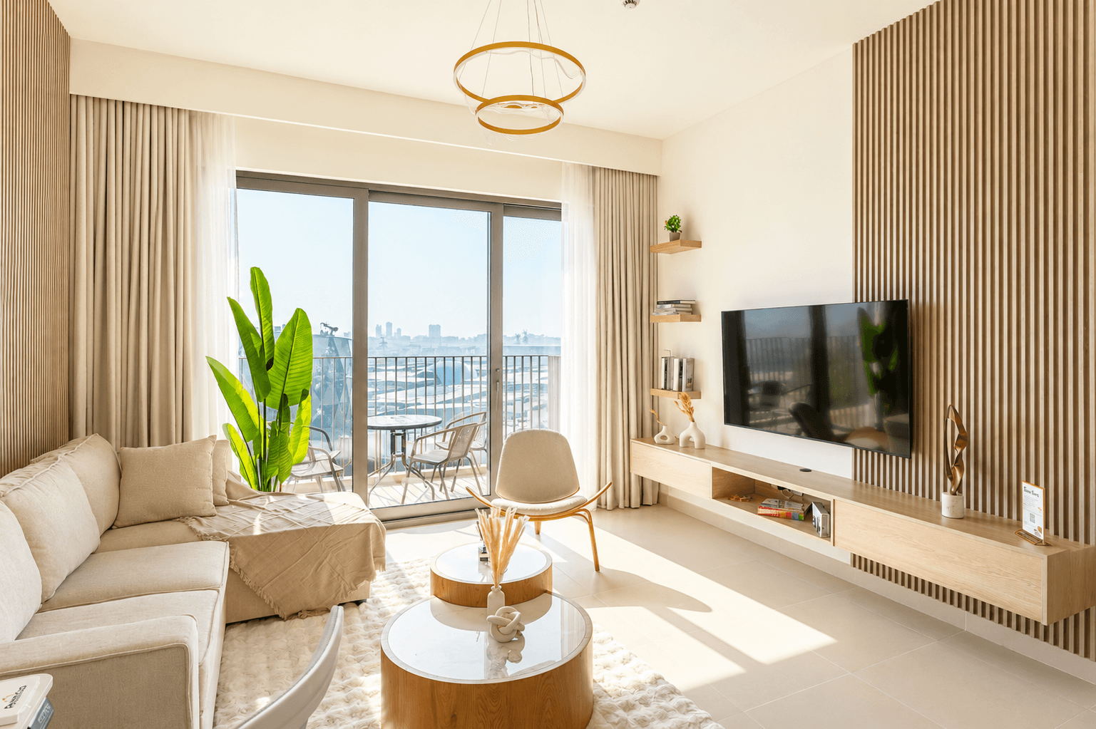 A Rentico-managed apartment bedroom with a Dubai skyline view